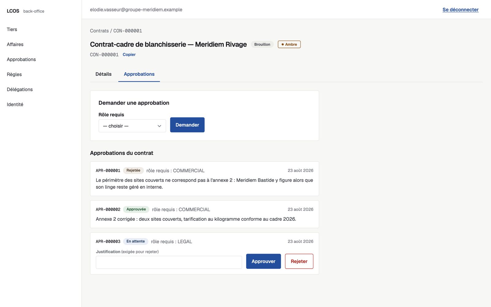 Approvals screen of contract CON-000001 in the LCOS administration interface: request APR-000001 rejected with its justification, APR-000002 approved after correction, APR-000003 awaiting the LEGAL role.