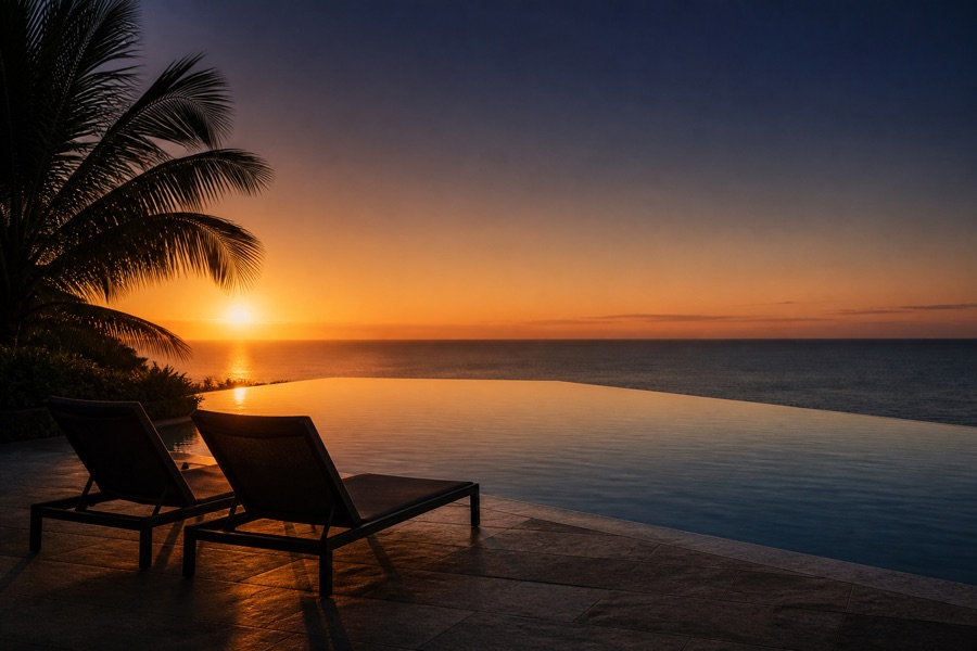 Infinity pool of a resort at sunset, a palm frond and sun loungers in the foreground.