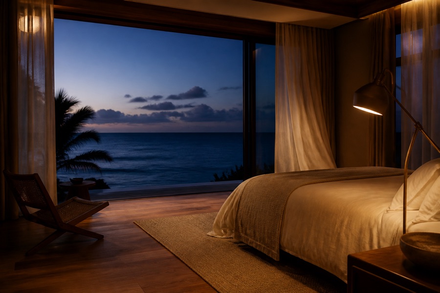 Suite open to the ocean at dusk, glazed bay, sheer curtains and a rattan armchair.