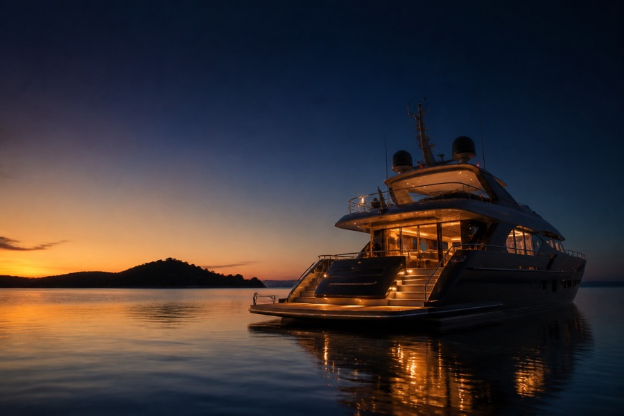 Lit yacht on an ink-dark sea at sunset, the aft deck open, gold reflections on the water.